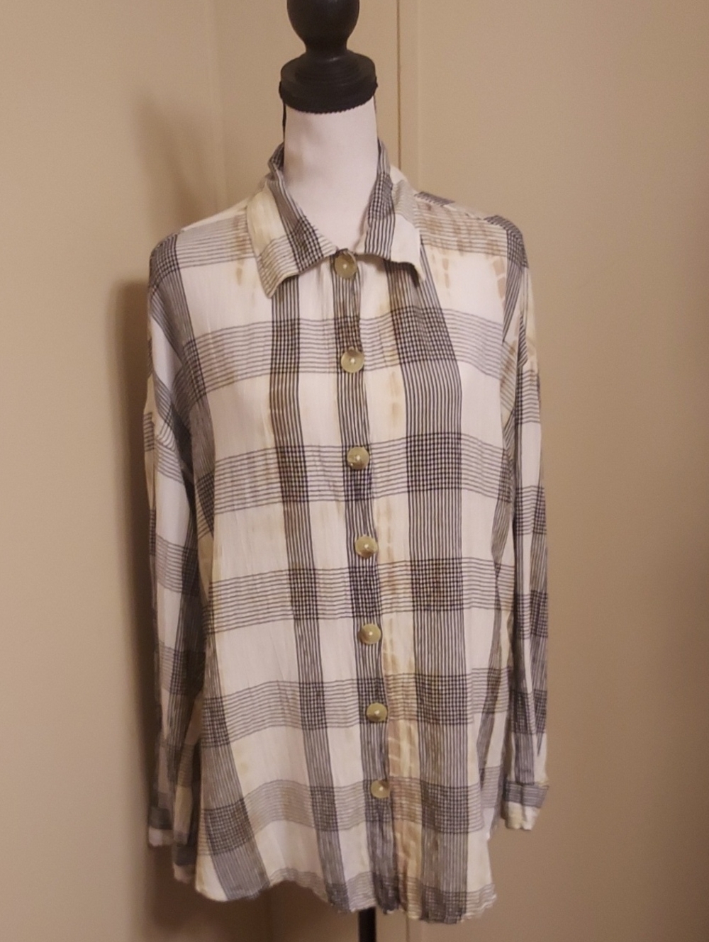 Angie Cream and Black Striped Button-Down Shirt With Gold Highlights